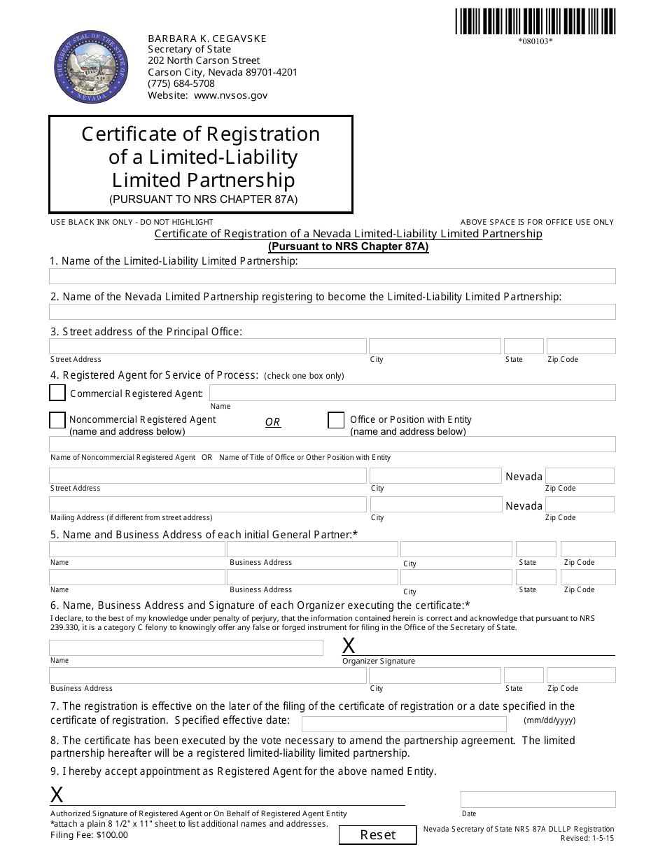 Form 080103 Limited-Liability Limited Partnership Registration (Nrs Chapter 87a ) - Complete Packet - Nevada, Page 1
