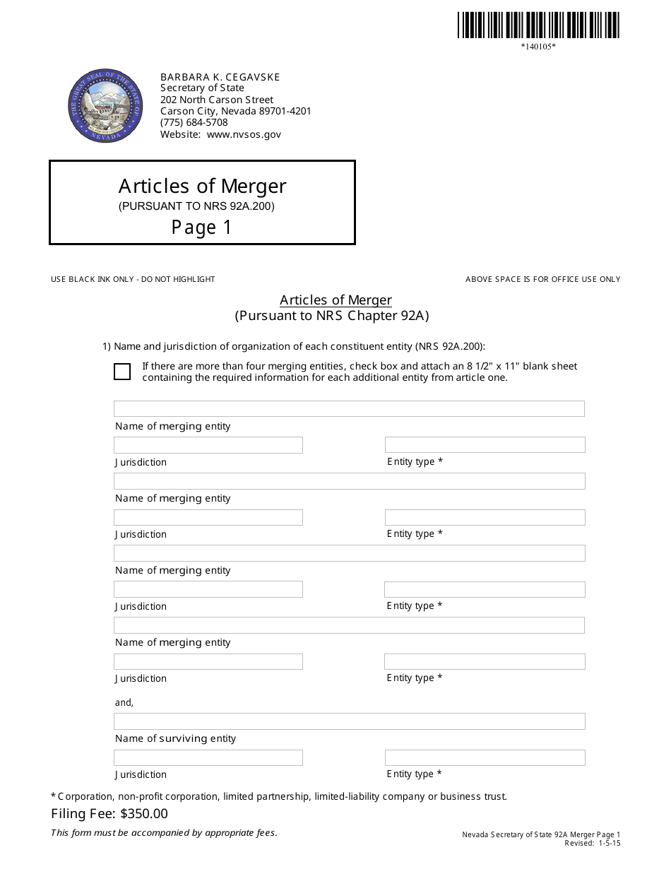 Form 140105 Articles of Merger (Nrs Chapter 92a-Excuding 92a.200(4b)) - Nevada, Page 1