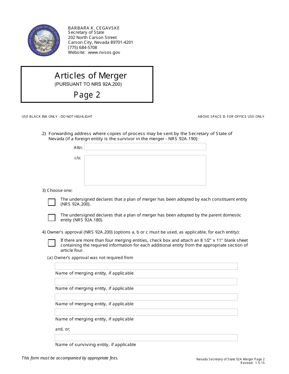 Form 140105 Articles of Merger (Nrs Chapter 92a-Excuding 92a.200(4b)) - Nevada, Page 2