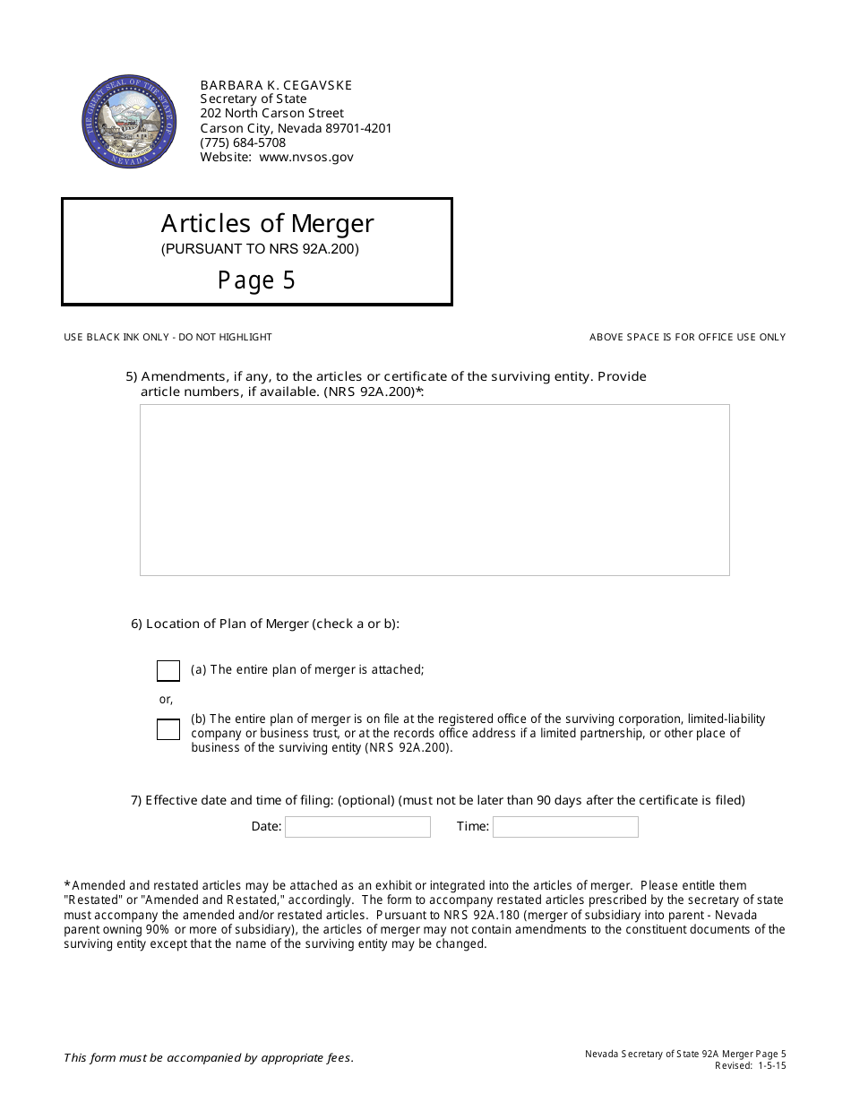 Form 140105 Articles of Merger (Nrs Chapter 92a-Excuding 92a.200(4b)) - Nevada, Page 5