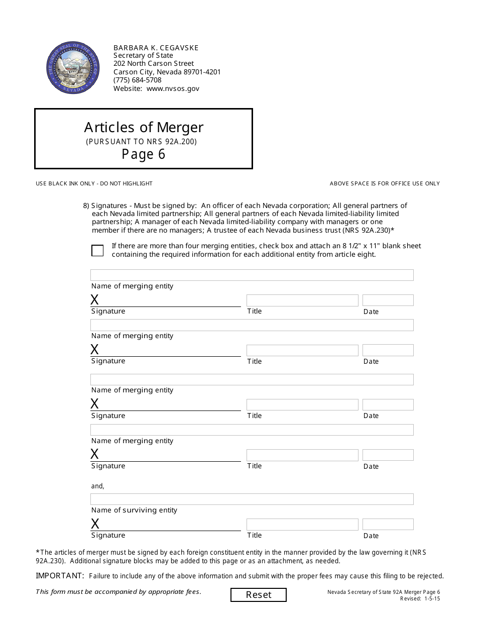 Form 140105 Articles of Merger (Nrs Chapter 92a-Excuding 92a.200(4b)) - Nevada, Page 6