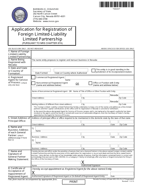 Form 080203 Foreign Limited-Liability Limited Partnership Registration (Nrs Chapter 87a ) - Complete Packet - Nevada