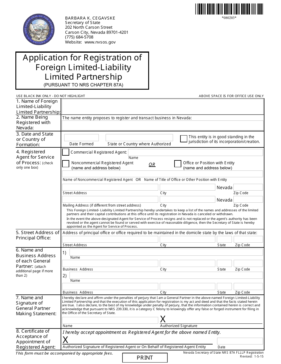 Form 080203 Foreign Limited-Liability Limited Partnership Registration (Nrs Chapter 87a ) - Complete Packet - Nevada, Page 1