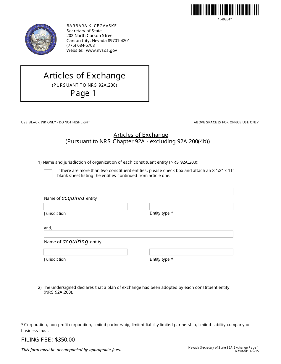 Form 140204 Articles of Exchange (Nrs Chapter 92a) - Nevada, Page 1