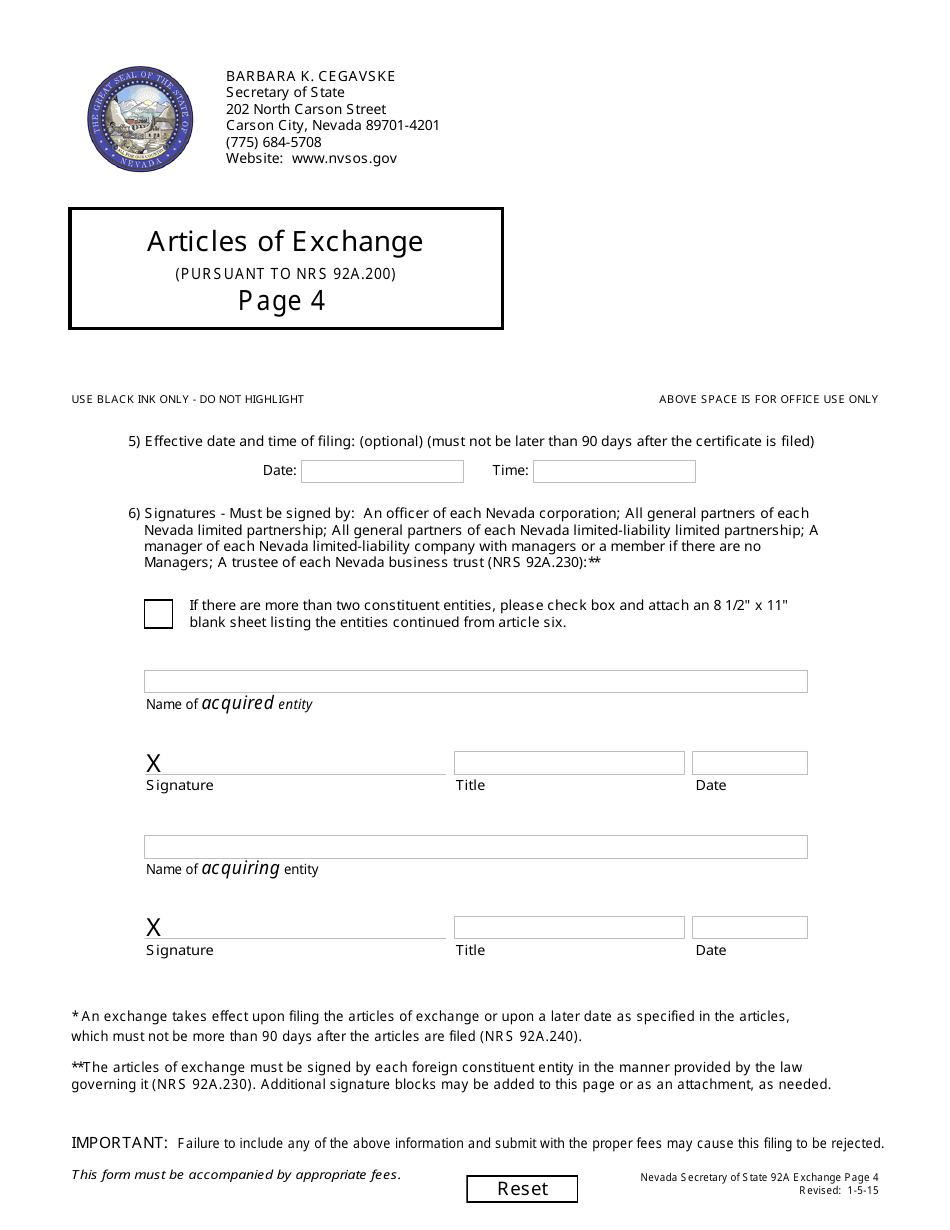 Form 140204 Articles of Exchange (Nrs Chapter 92a) - Nevada, Page 4
