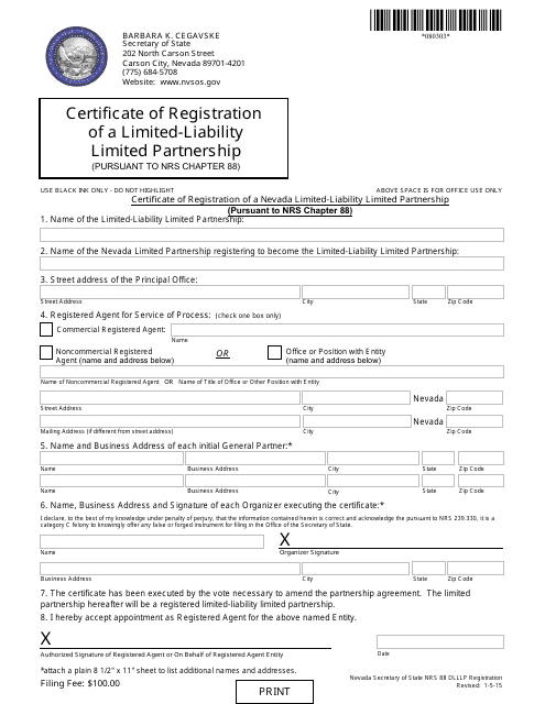 Form 080303 Limited-Liability Limited Partnership Registration (Nrs Chapter 88) - Complete Packet - Nevada