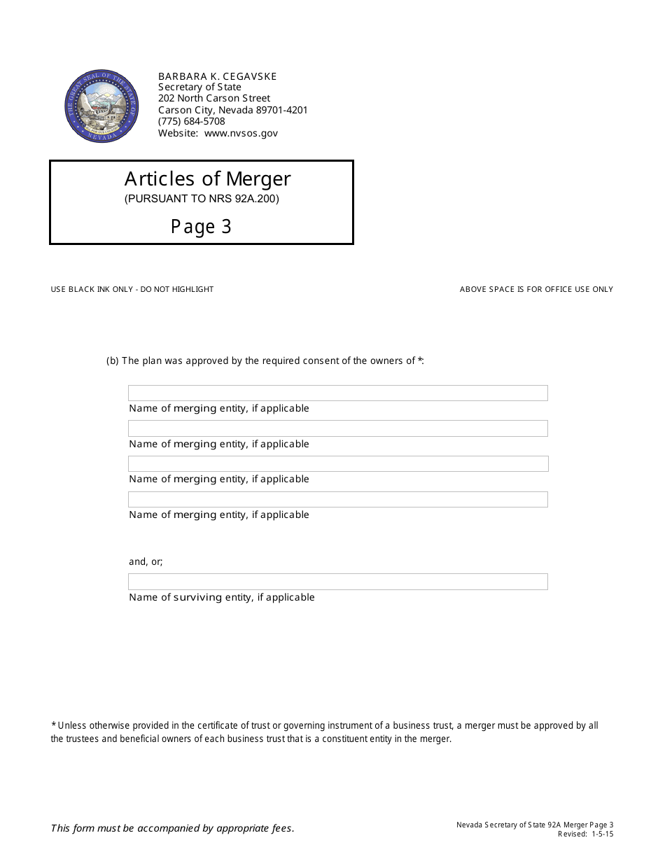 Form 140105 Articles of Merger (Nrs Chapter 92a-Excuding 92a.200(4b)) - Complete Packet - Nevada, Page 3