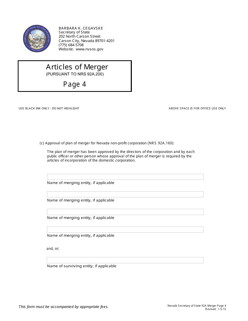 Form 140105 Articles of Merger (Nrs Chapter 92a-Excuding 92a.200(4b)) - Complete Packet - Nevada, Page 4