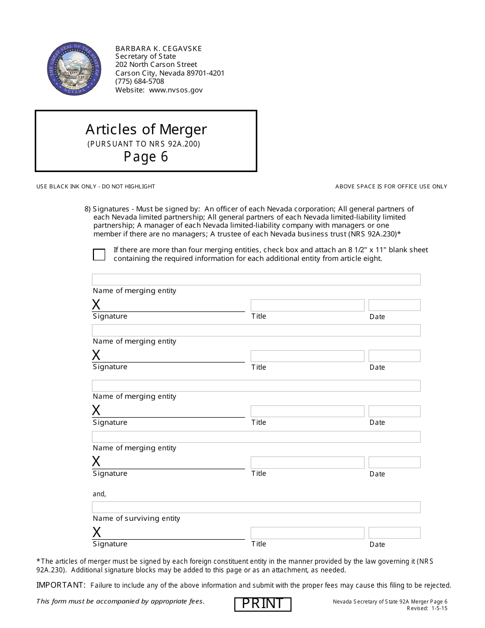 Form 140105 Articles of Merger (Nrs Chapter 92a-Excuding 92a.200(4b)) - Complete Packet - Nevada, Page 6