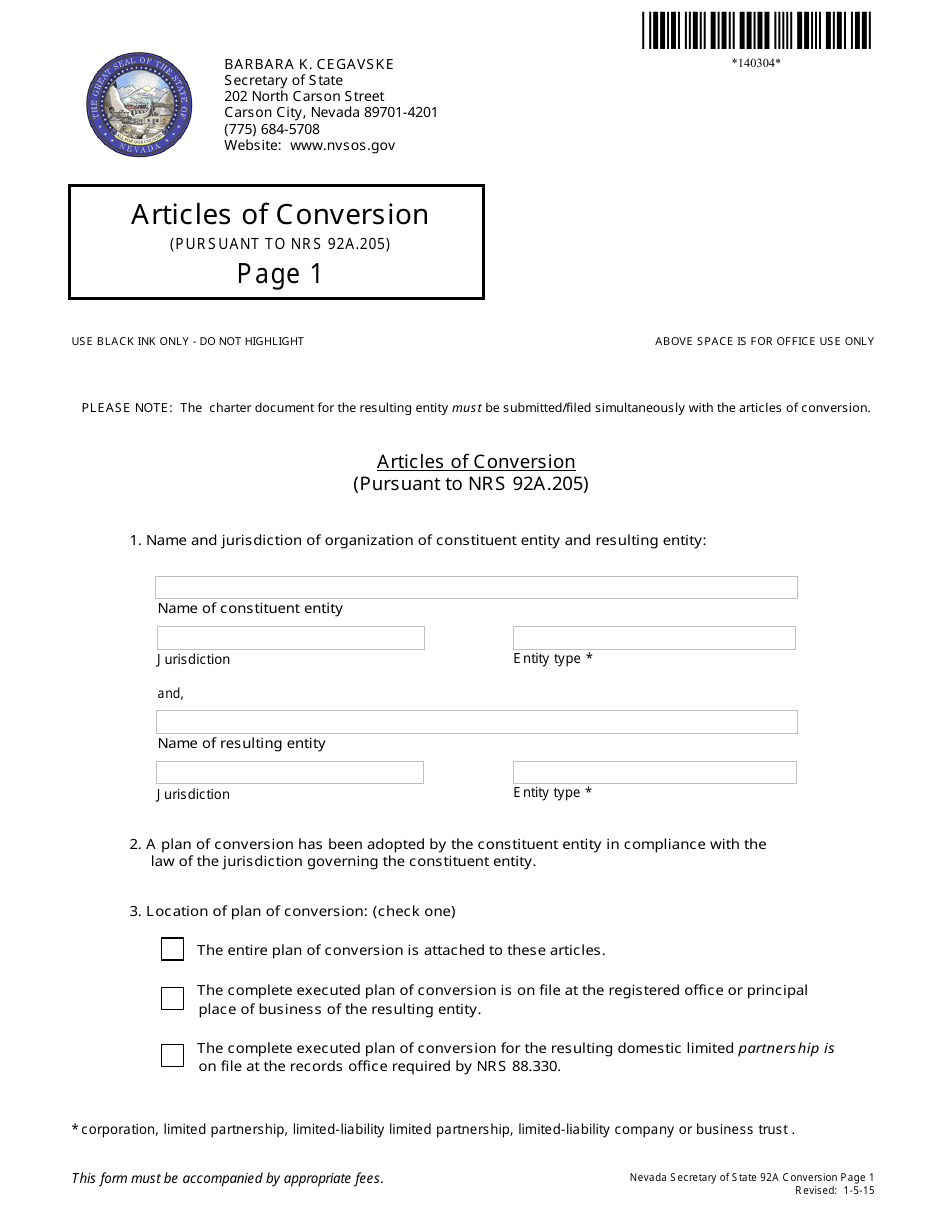 Form 140304 Articles of Conversion (Nrs Chapter 92a) - Complete Packet - Nevada, Page 1