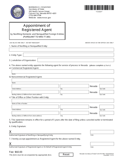 Form 210203 Appointment of Registered Agent by Nonfiling Domestic and Nonqualified Foreign Entities (Pursuant to Nrs 77.380) - Nevada