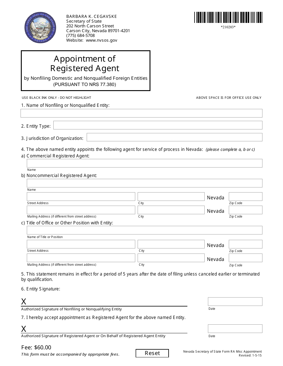 Form 210203 Appointment of Registered Agent by Nonfiling Domestic and Nonqualified Foreign Entities (Pursuant to Nrs 77.380) - Nevada, Page 1