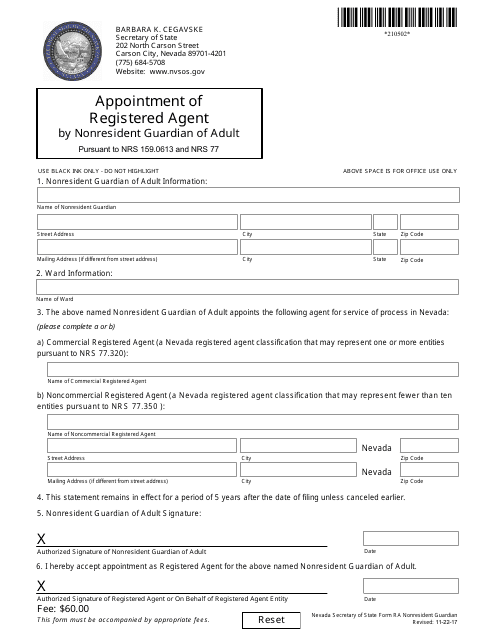 Form 210502 Appointment of Registered Agent by Nonresident Guardian of Adult Pursuant to Nrs 159.0613 and Nrs 77 - Nevada