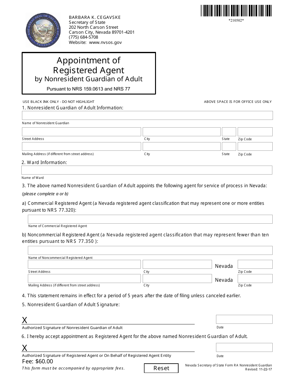Form 210502 Appointment of Registered Agent by Nonresident Guardian of Adult Pursuant to Nrs 159.0613 and Nrs 77 - Nevada, Page 1