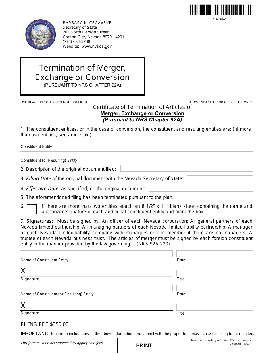 Form 140404 Termination of Merger / Exchange / Conversion (Nrs Chapter 92a) - Complete Packet - Nevada, Page 1