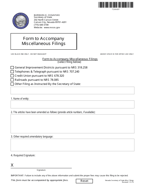 Form 210103 Form to Accompany Miscellaneous Filings - Nevada