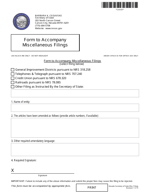 Form to Accompany Miscellaneous Filings - Complete Packet - Nevada