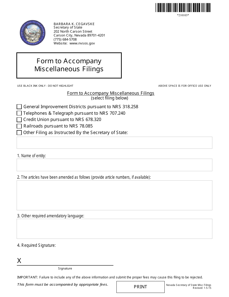 Form to Accompany Miscellaneous Filings - Complete Packet - Nevada, Page 1