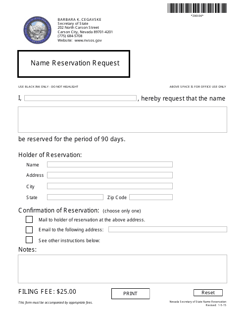 Form 200104 Name Reservation Request - Nevada