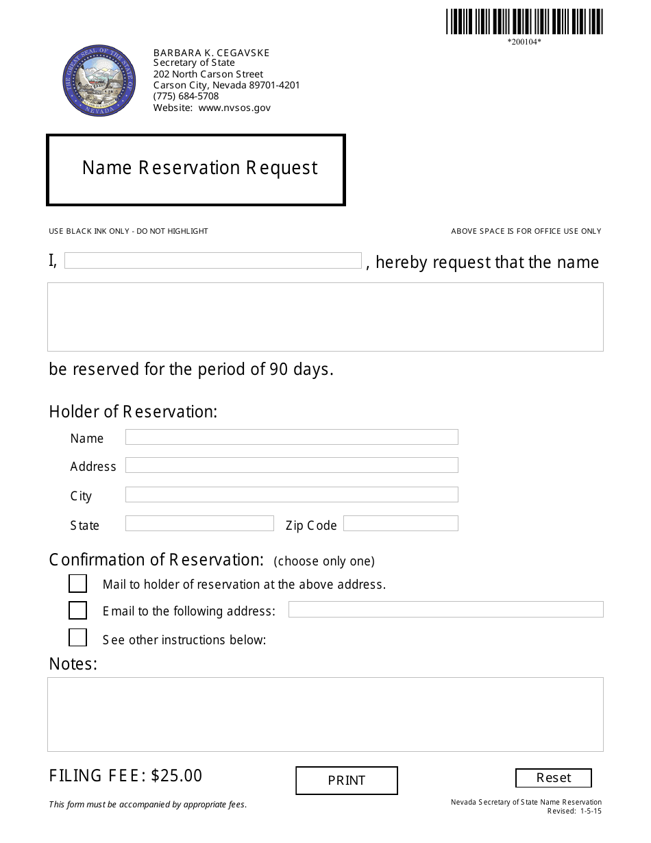 Form 200104 Name Reservation Request - Nevada, Page 1