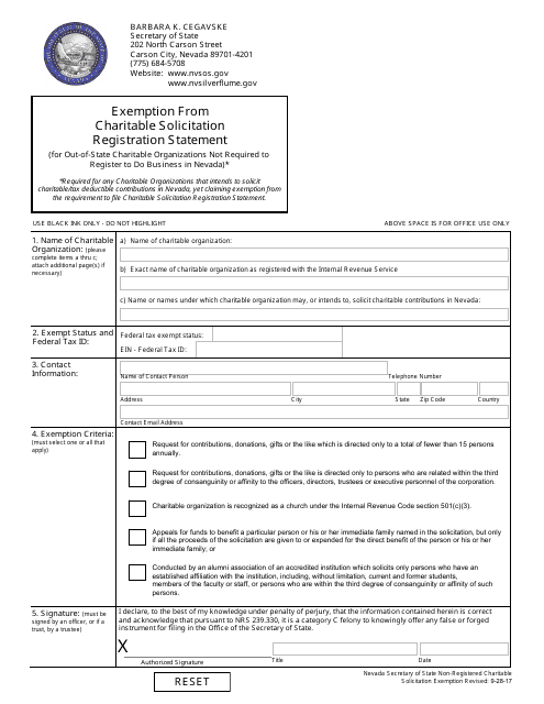 Exemption From Charitable Solicitation Registration Statement (For Out-of-State Charitable Organizations Not Required to Register to Do Business in Nevada) - Nevada Download Pdf