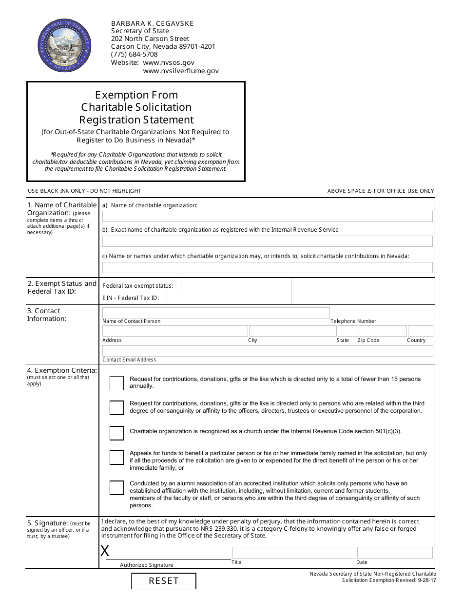Exemption From Charitable Solicitation Registration Statement (For Out-of-State Charitable Organizations Not Required to Register to Do Business in Nevada) - Nevada, Page 1