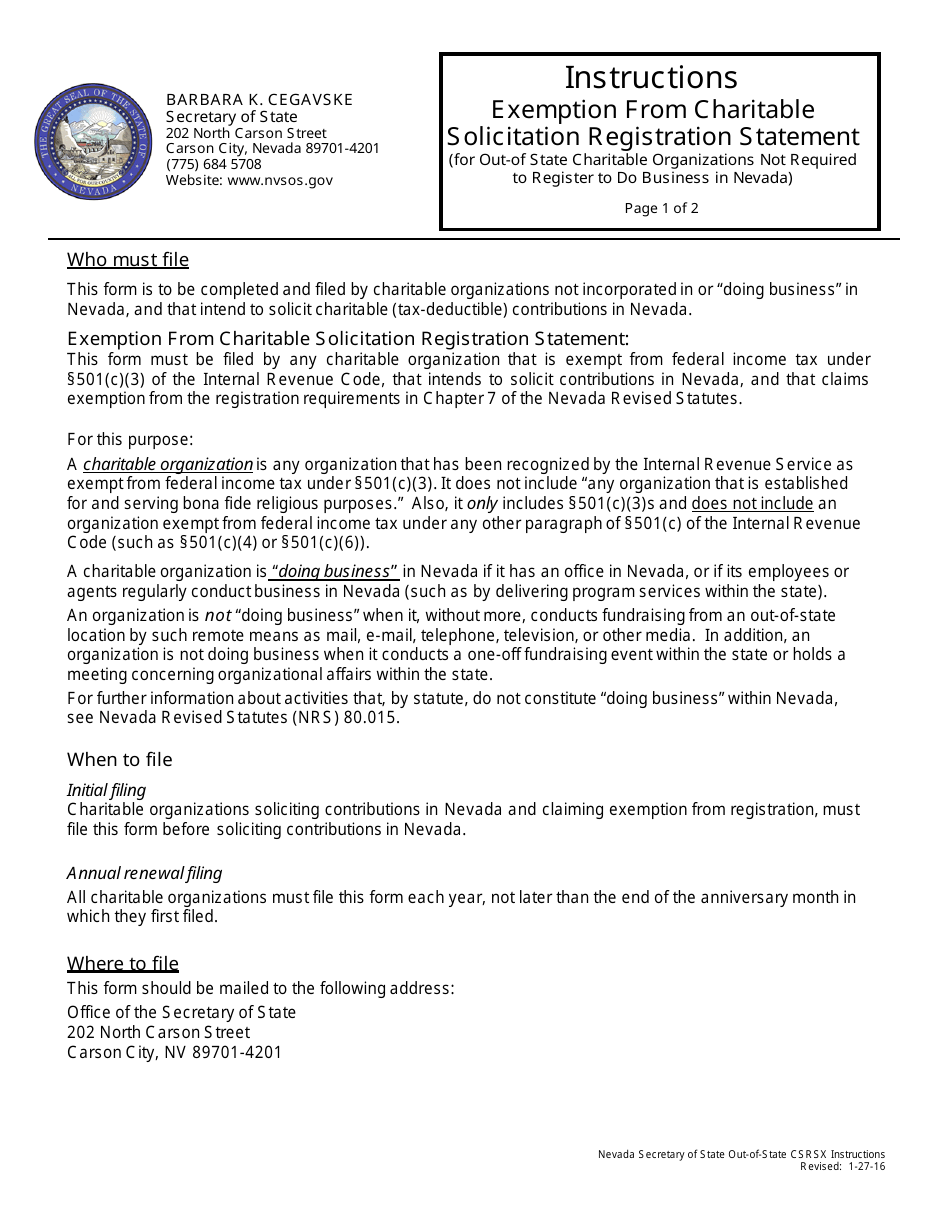 Exemption From Charitable Solicitation Registration Statement (For Out-of-State Charitable Organizations Not Required to Register to Do Business in Nevada) - Nevada, Page 2