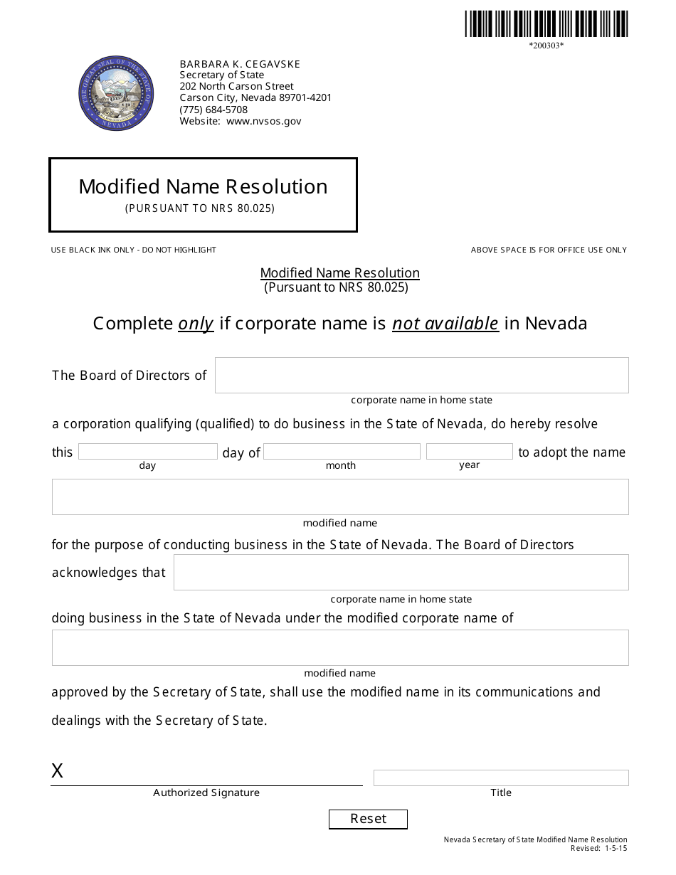 Form 200303 Modified Name Resolution (Pursuant to Nrs 80.025) - Nevada, Page 1