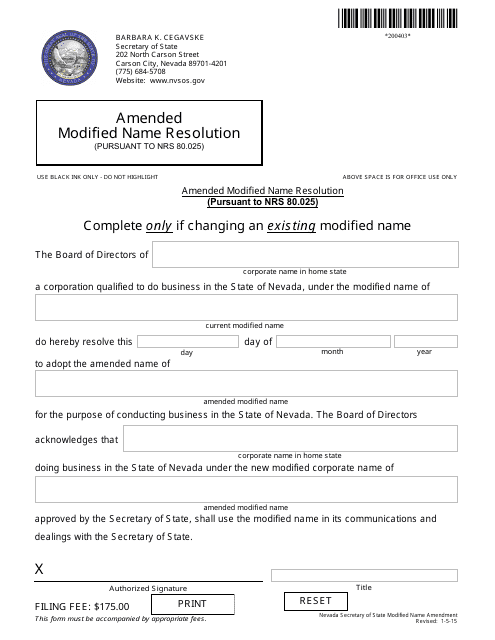 Form 200403 Amended Modified Name Resolution (Pursuant to Nrs 80.025) - Nevada