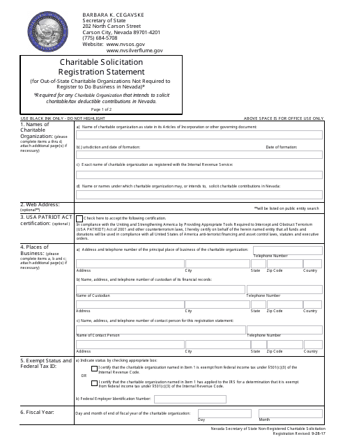 Charitable Solicitation Registration Statement (For Out-of-State Charitable Organizations Not Required to Register to Do Business in Nevada) - Nevada Download Pdf