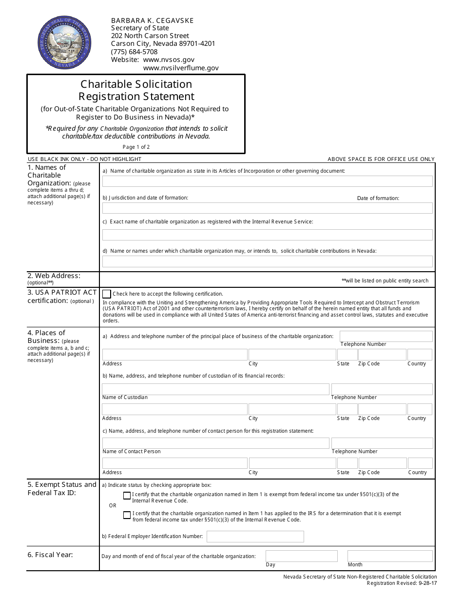 Charitable Solicitation Registration Statement (For Out-of-State Charitable Organizations Not Required to Register to Do Business in Nevada) - Nevada, Page 1