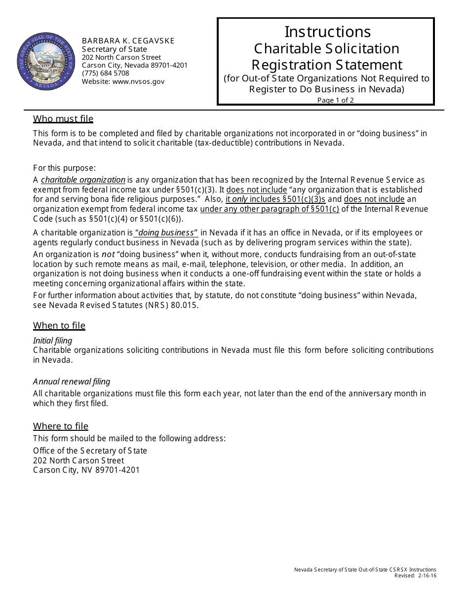 Charitable Solicitation Registration Statement (For Out-of-State Charitable Organizations Not Required to Register to Do Business in Nevada) - Nevada, Page 3