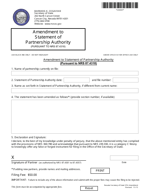 Form 220203 Amendment to Statement of Partnership Authority (Pursuant to Nrs 87.4318) - Nevada