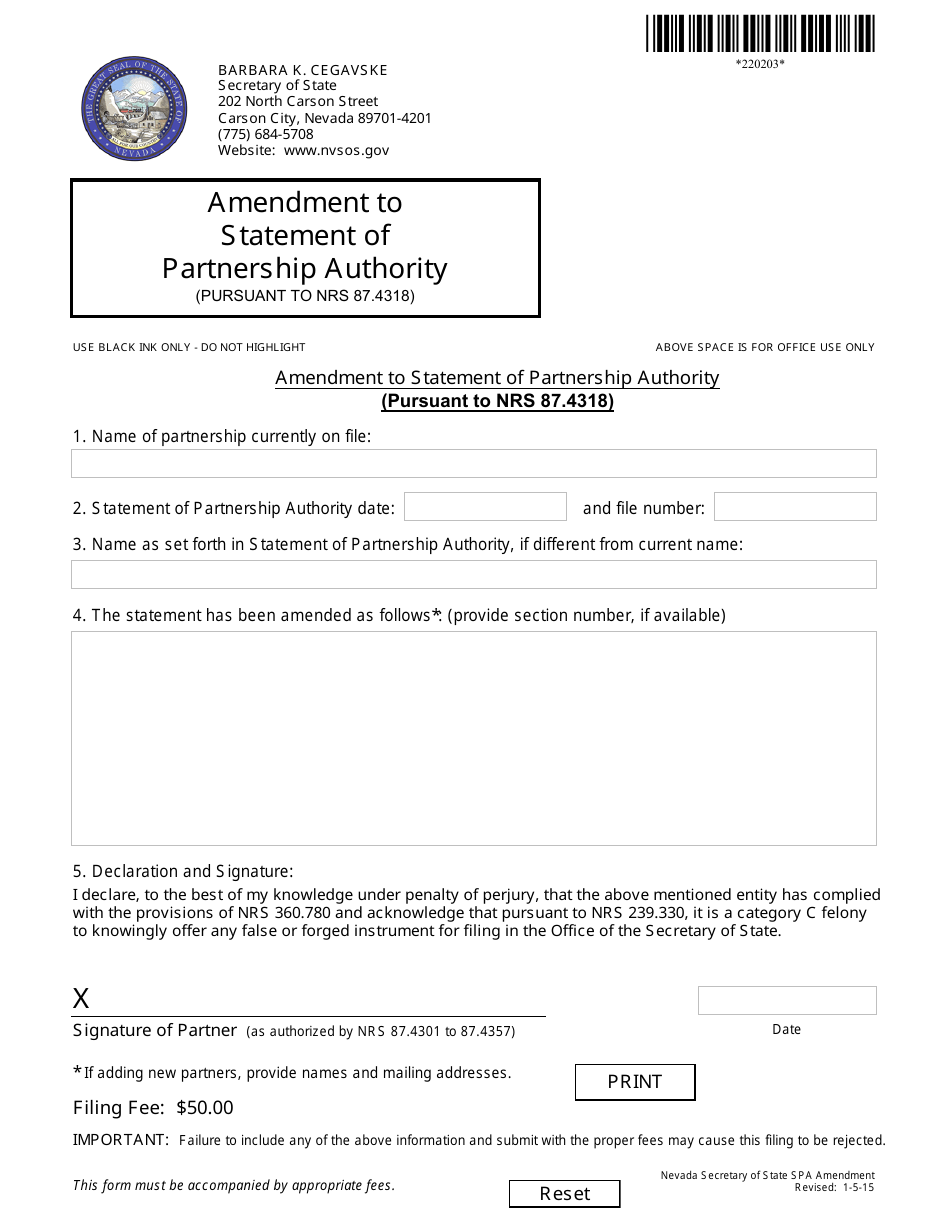 Form 220203 Amendment to Statement of Partnership Authority (Pursuant to Nrs 87.4318) - Nevada, Page 1