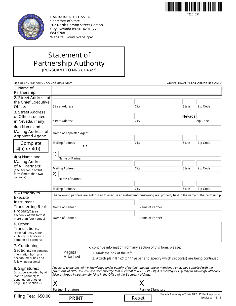 Form 220103 Statement of Partnership Authority (Pursuant to Nrs 87.4327) - Nevada, Page 1