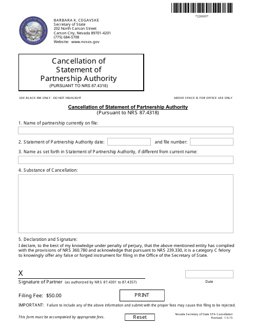 Form 220503 Cancellation of Statement of Partnership Authority (Pursuant to Nrs 87.4318) - Nevada