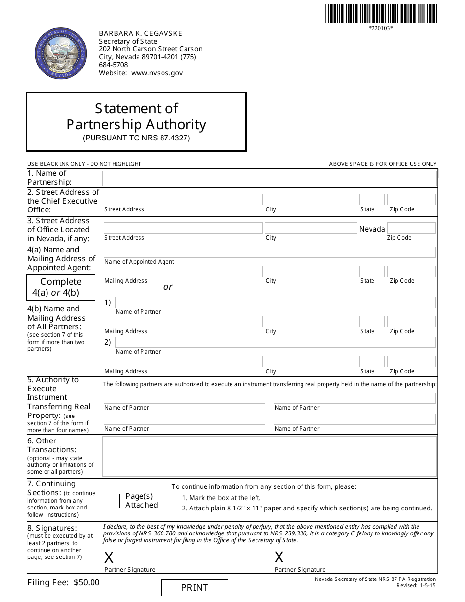 Form 220103 Statement of Partnership Authority (Pursuant to Nrs 87.4327) - Complete Packet - Nevada, Page 1