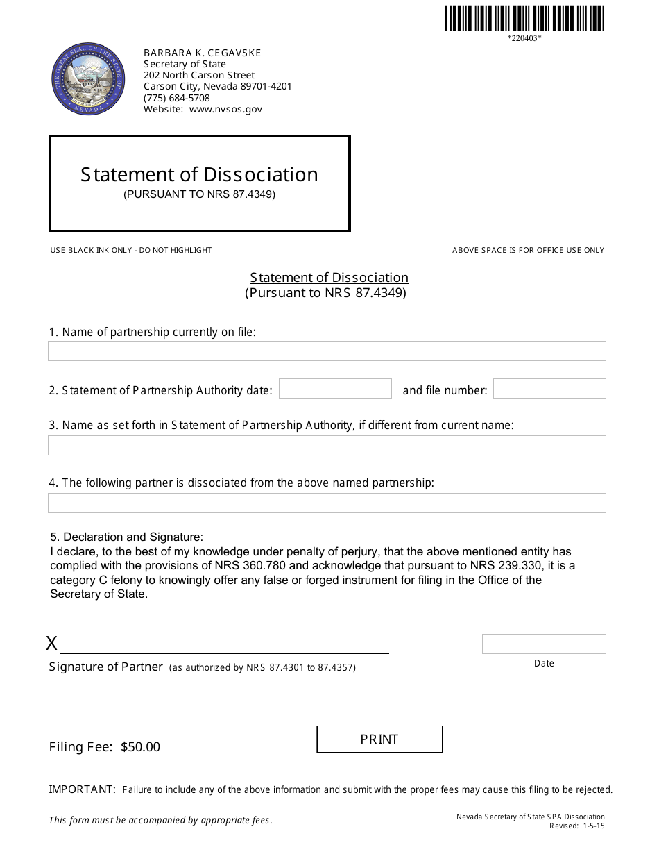 Statement of Dissociation (Nrs 87.4349) - Complete Packet - Nevada, Page 1