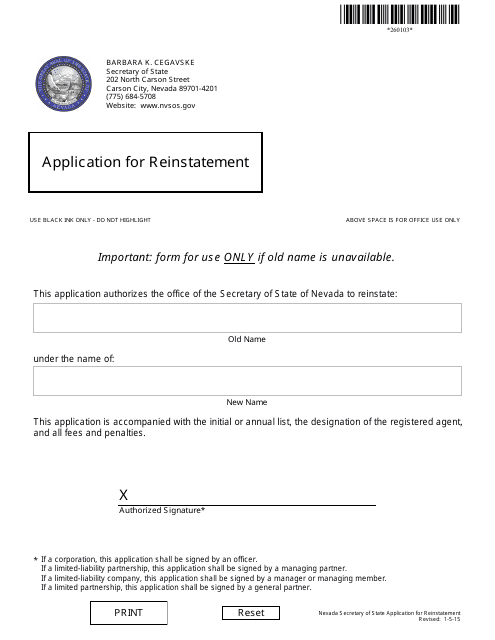 Form 260103 Application for Reinstatement - Nevada