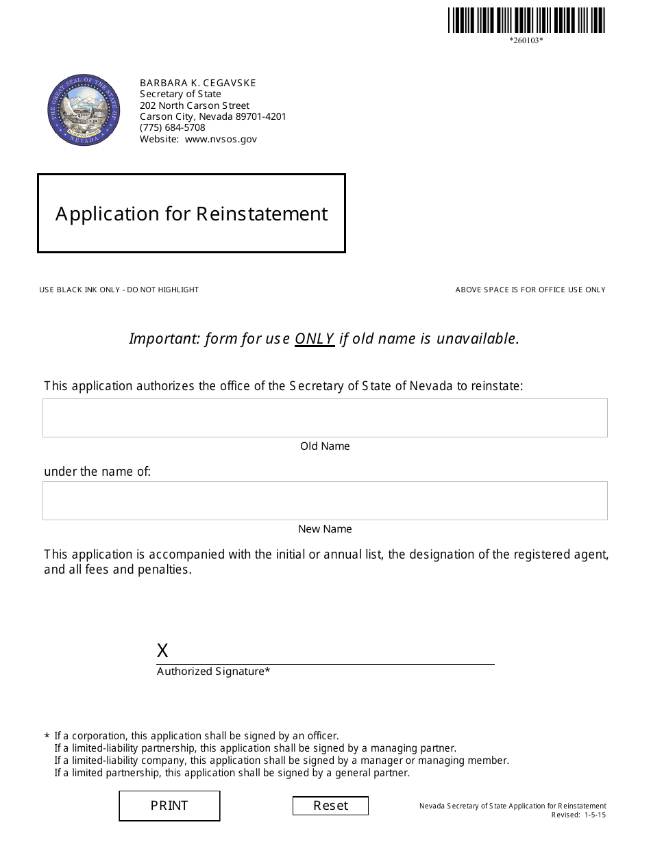 Form 260103 Application for Reinstatement - Nevada, Page 1