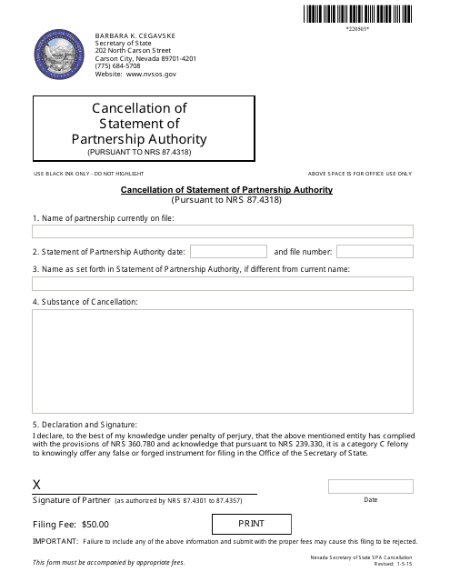 Cancellation of Statement of Partnership Authority (Nrs 87.4318) - Complete Packet - Nevada Download Pdf