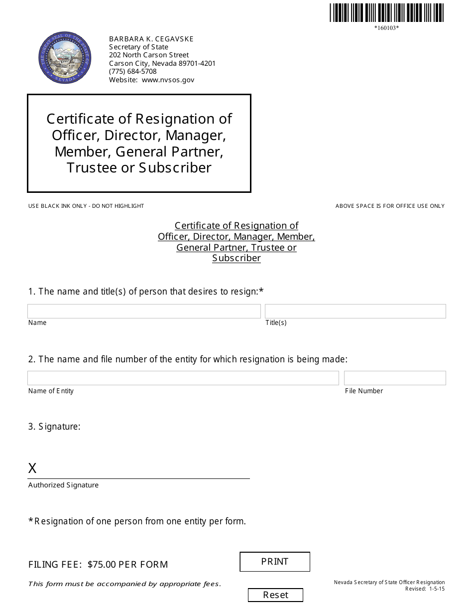 Form 160103 Certificate of Resignation of Officer, Director, Manager, Member, General Partner, Trustee or Subscriber - Nevada, Page 1
