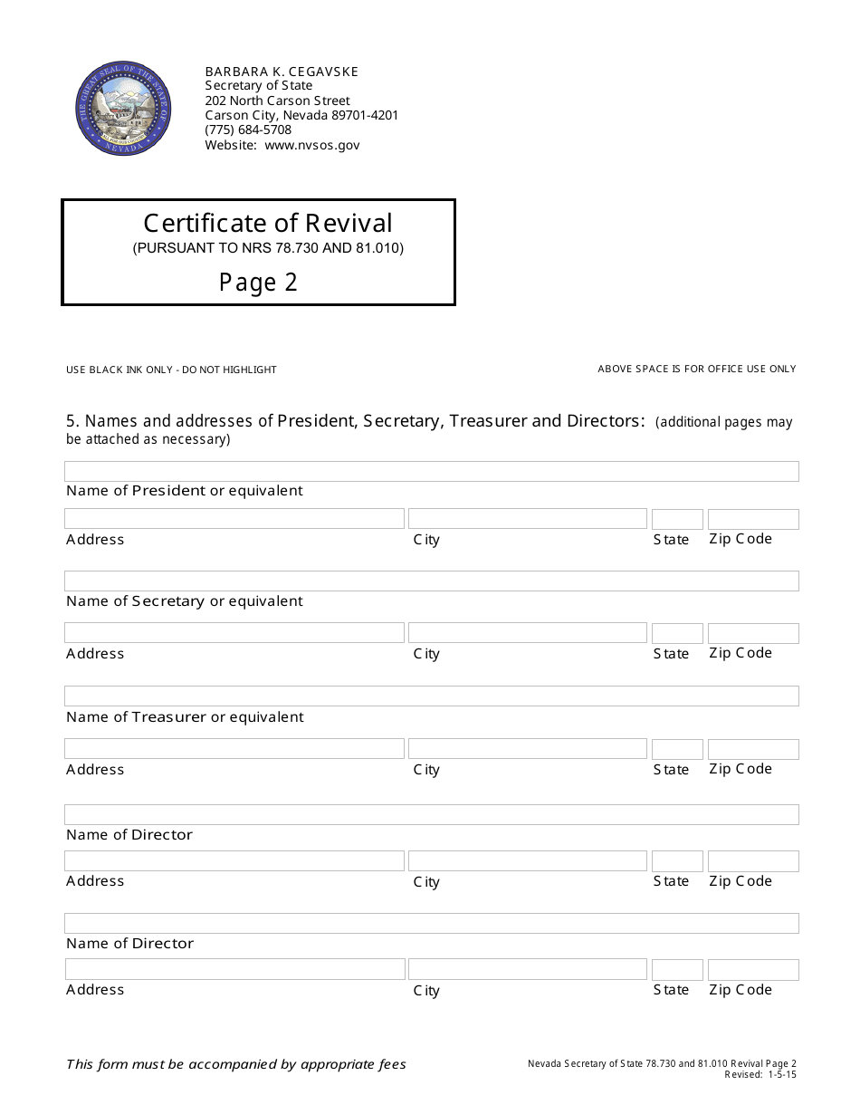 Form 170104 Certificate of Revival for a Nevada Corporation (For Corporations Governed by Nrs 78.730 and 81.010) - Nevada, Page 2