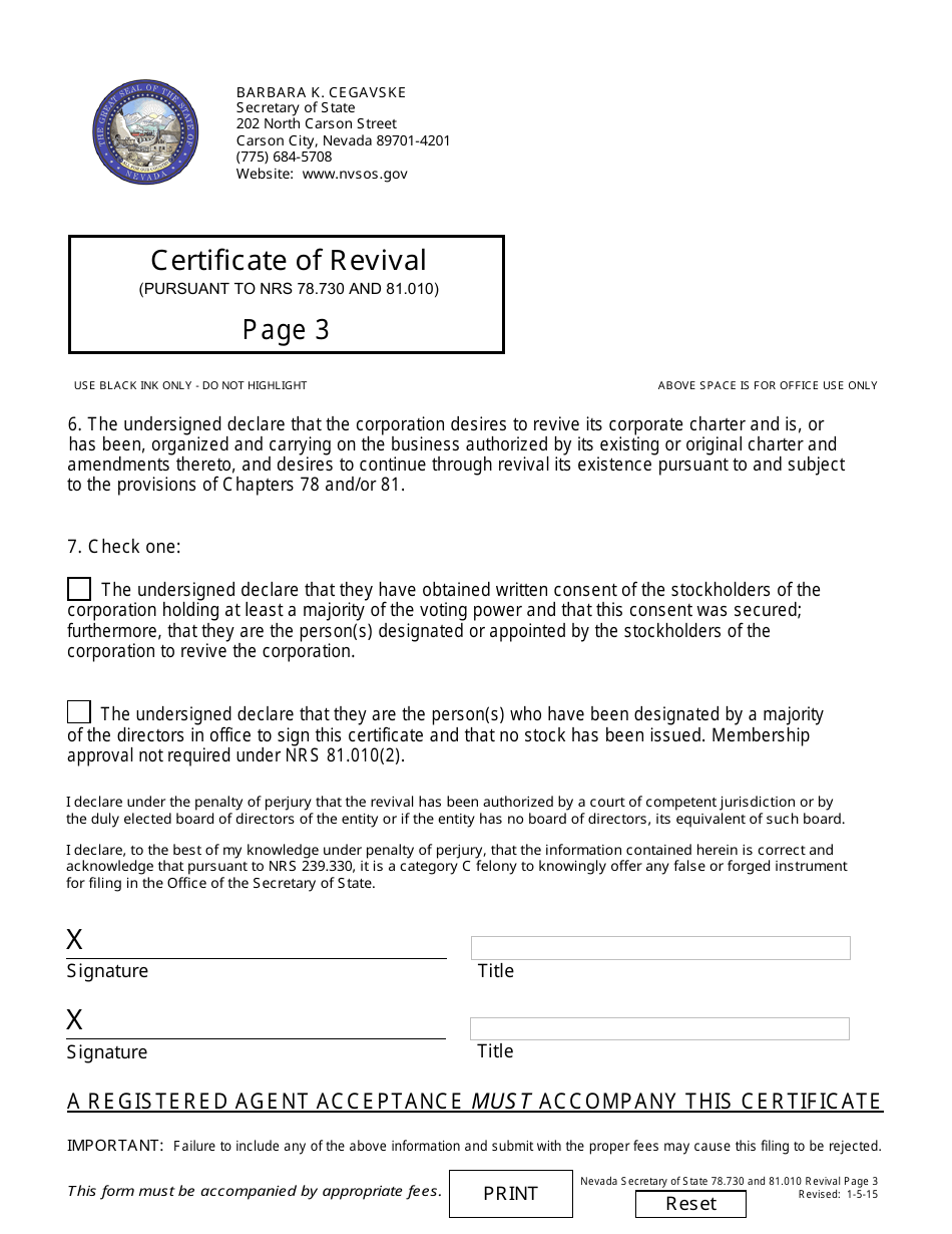 Form 170104 Certificate of Revival for a Nevada Corporation (For Corporations Governed by Nrs 78.730 and 81.010) - Nevada, Page 3
