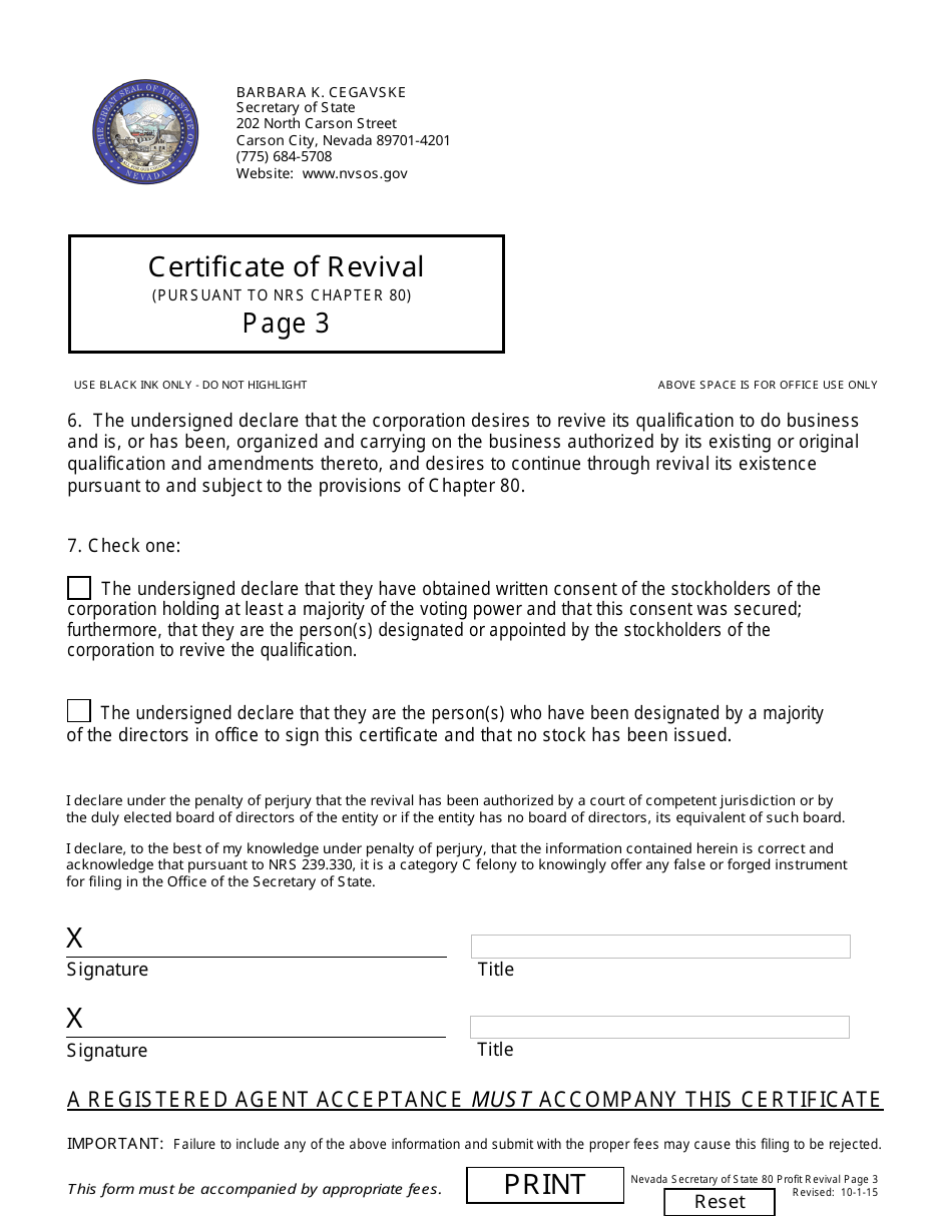 Form 170701 Certificate of Revival for a Foreign Qualified Corporation (For Corporations Governed by Nrs Chapter 80) - Nevada, Page 3