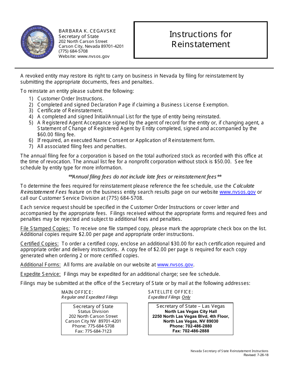 Limited-Liability Company Reinstatement Packet - Nevada, Page 1