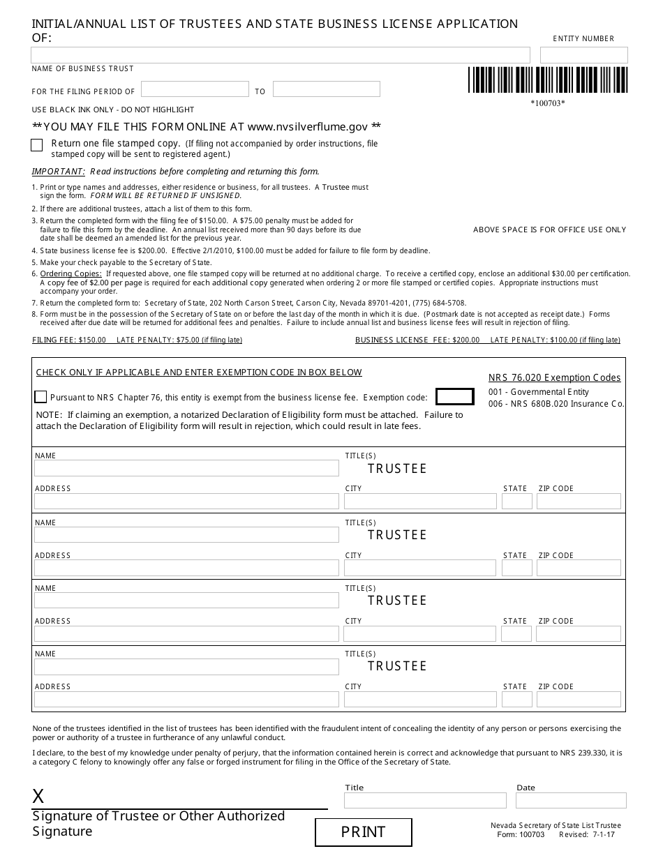 Business Trust Reinstatement Packet - Nevada, Page 3