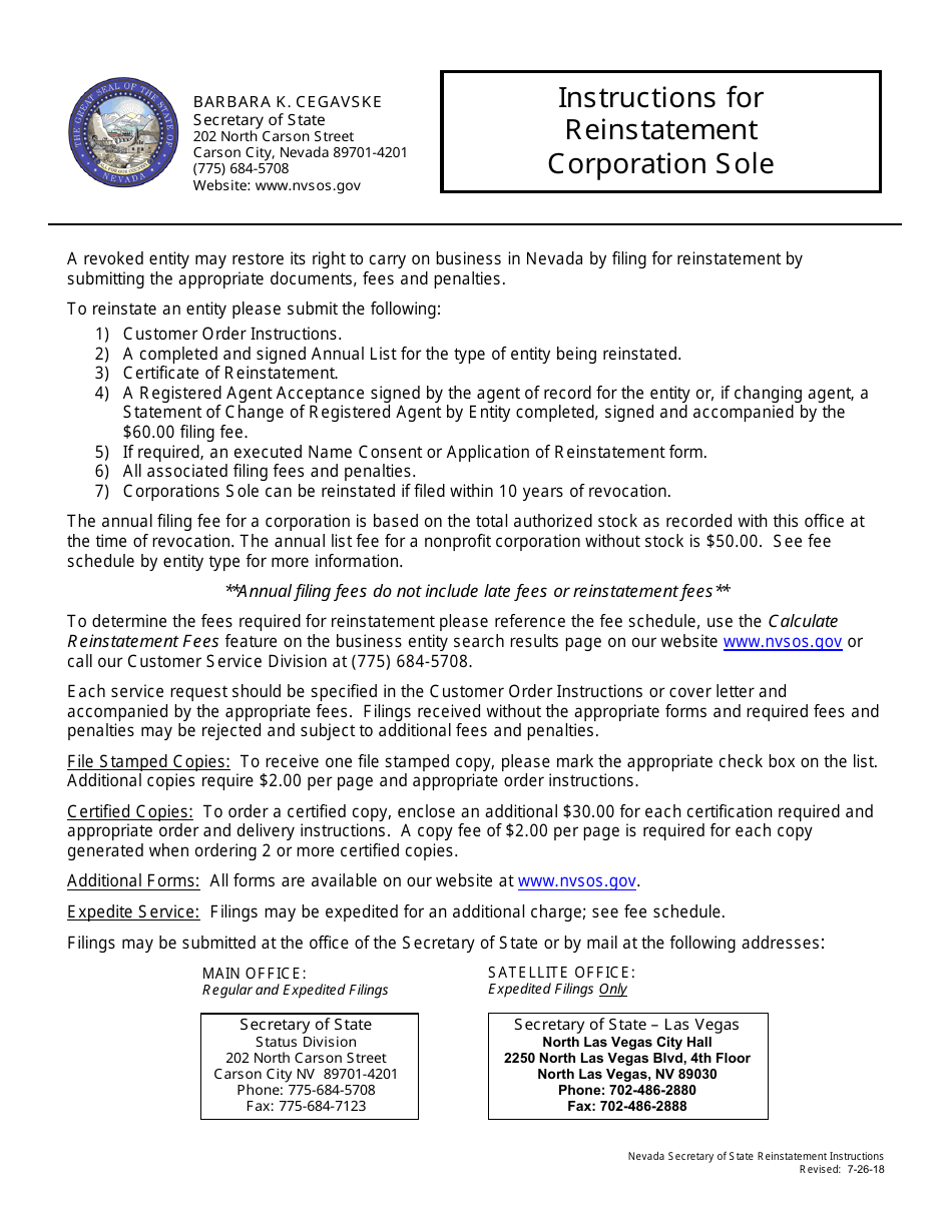 Corporation Sole Reinstatement Packet - Nevada, Page 1