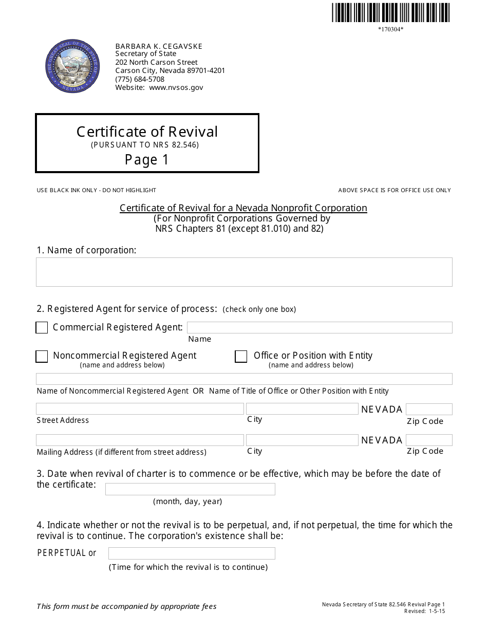 Form 170304 Certificate of Revival for a Nevada Nonprofit Corporation (For Nonprofit Corporations Governed by Nrs Chapters 81 (Except 81.010) and 82) - Nevada, Page 1