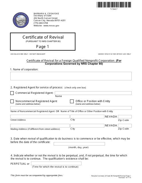 Form 170601 Certificate of Revival for a Foreign Qualified Nonprofit Corporation (For Corporations Governed by Nrs Chapter 80) - Nevada